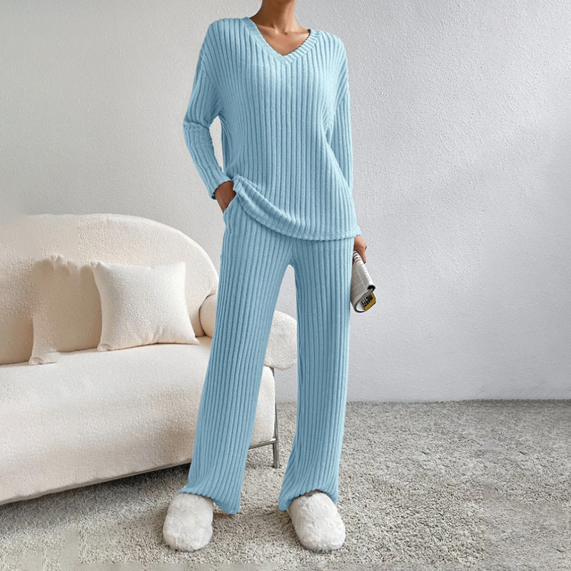 Women's 2-Piece Set Solid Color V-Neck Long Sleeve Top & Straight Leg Pants, Ribbed Texture Outfit For Fall&Winter