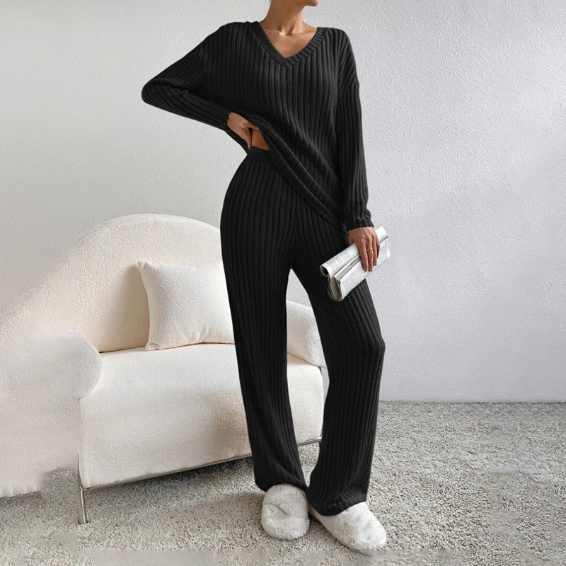 Women's 2-Piece Set Solid Color V-Neck Long Sleeve Top & Straight Leg Pants, Ribbed Texture Outfit For Fall&Winter