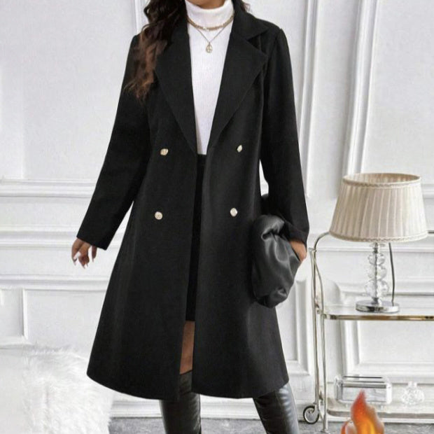 Women's Solid Color Autumn And Winter Simple Long Sleeved Lapel Jacket Knitted Fashionable Coat