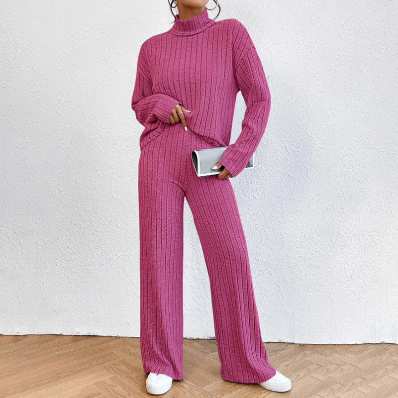 Women's Solid Color 2-Piece Set High Neck Long Sleeve Top & Pants, Striped Loungewear For Fall&Winter