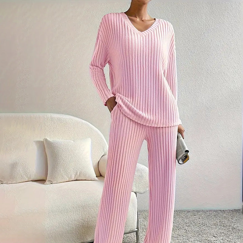 Women's 2-Piece Set Solid Color V-Neck Long Sleeve Top & Straight Leg Pants, Ribbed Texture Outfit For Fall&Winter