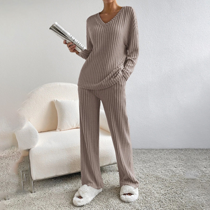 Women's 2-Piece Set Solid Color V-Neck Long Sleeve Top & Straight Leg Pants, Ribbed Texture Outfit For Fall&Winter