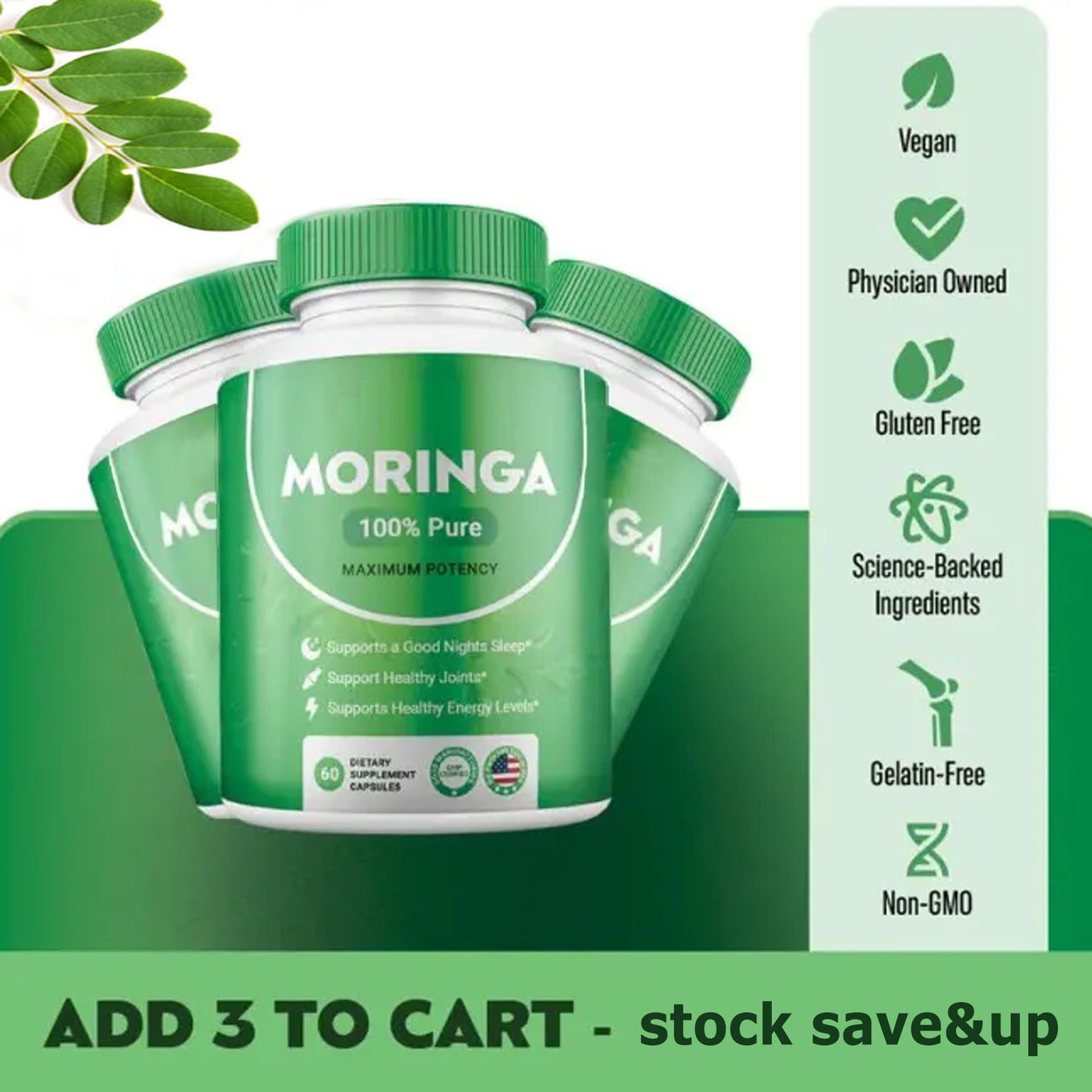 Moringa Capsules, Pura Moringa Leaf Energy, Metabolism & Immune Support, Healthcare Supplement & Vitamins 60pcs Dietary Supplement Capsules