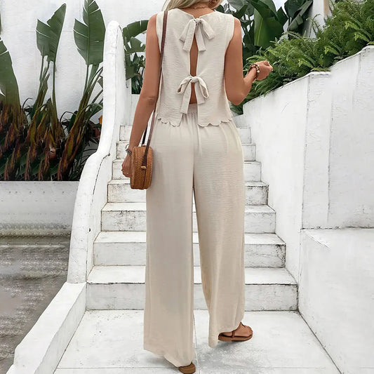 Women's Elegant 2-Piece Matching Set, Sleeveless Crop Top And Wide Leg Pants Outfits