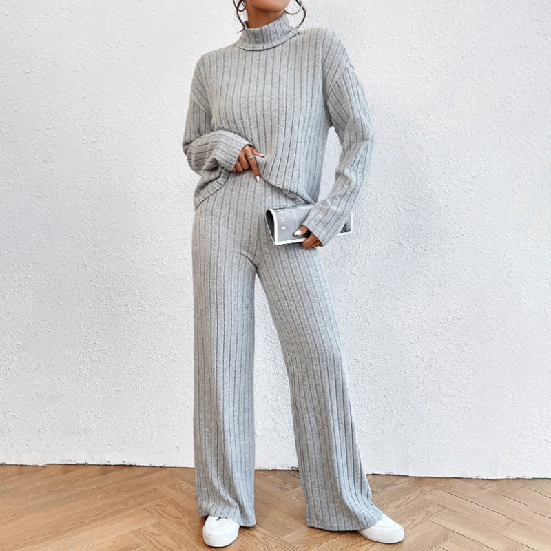Women's Solid Color 2-Piece Set High Neck Long Sleeve Top & Pants, Striped Loungewear For Fall&Winter