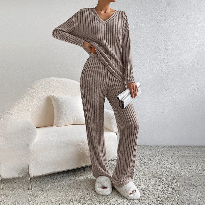 Women's 2-Piece Set Solid Color V-Neck Long Sleeve Top & Straight Leg Pants, Ribbed Texture Outfit For Fall&Winter