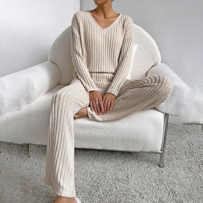 Women's 2-Piece Set Solid Color V-Neck Long Sleeve Top & Straight Leg Pants, Ribbed Texture Outfit For Fall&Winter
