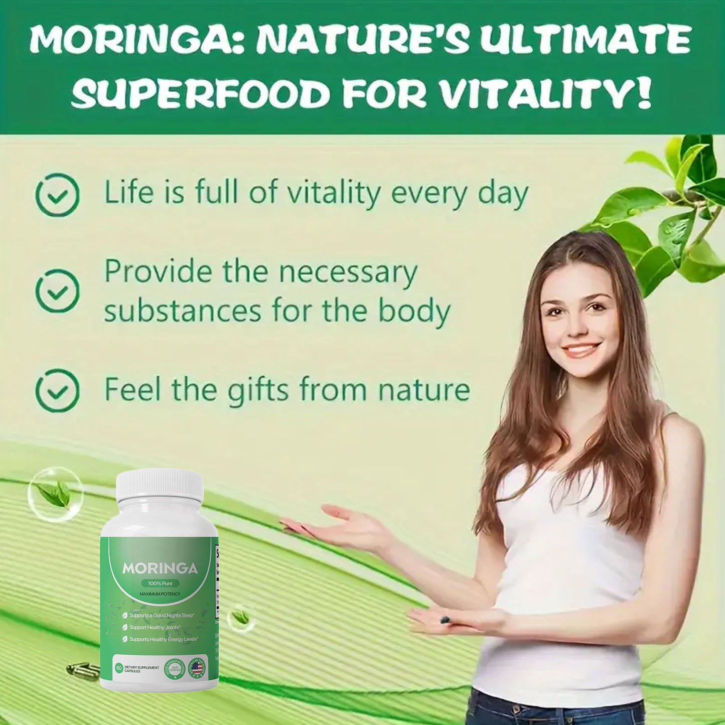 Moringa Capsules, Pura Moringa Leaf Energy, Metabolism & Immune Support, Healthcare Supplement & Vitamins 60pcs Dietary Supplement Capsules