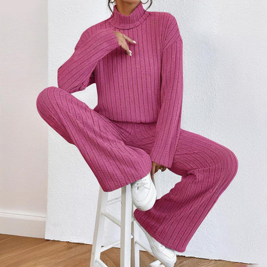 Women's Solid Color 2-Piece Set High Neck Long Sleeve Top & Pants, Striped Loungewear For Fall&Winter
