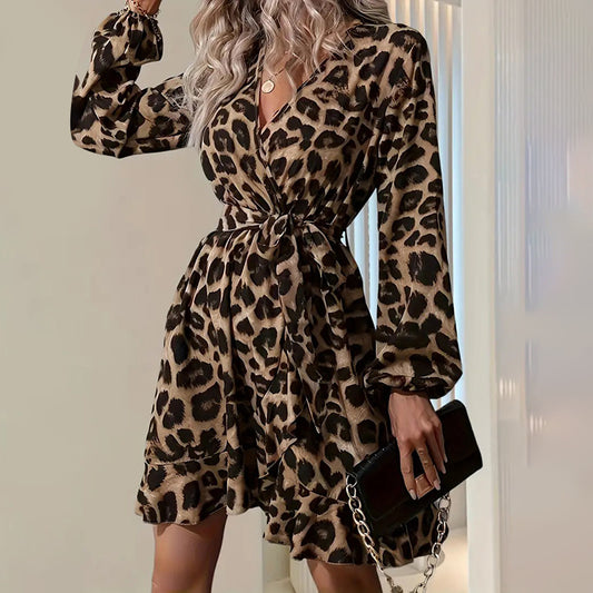 Women's Leopard Print Ruffle Hem Long Sleeve V Neck Belted A Line Dress