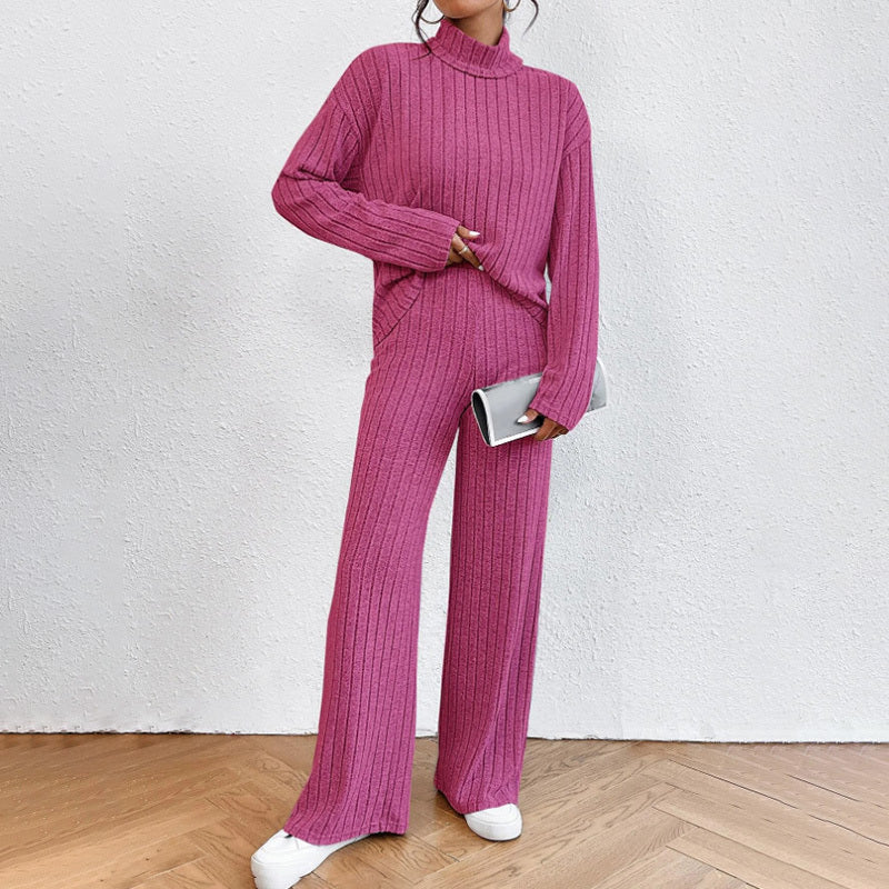 Women's Solid Color 2-Piece Set High Neck Long Sleeve Top & Pants, Striped Loungewear For Fall&Winter