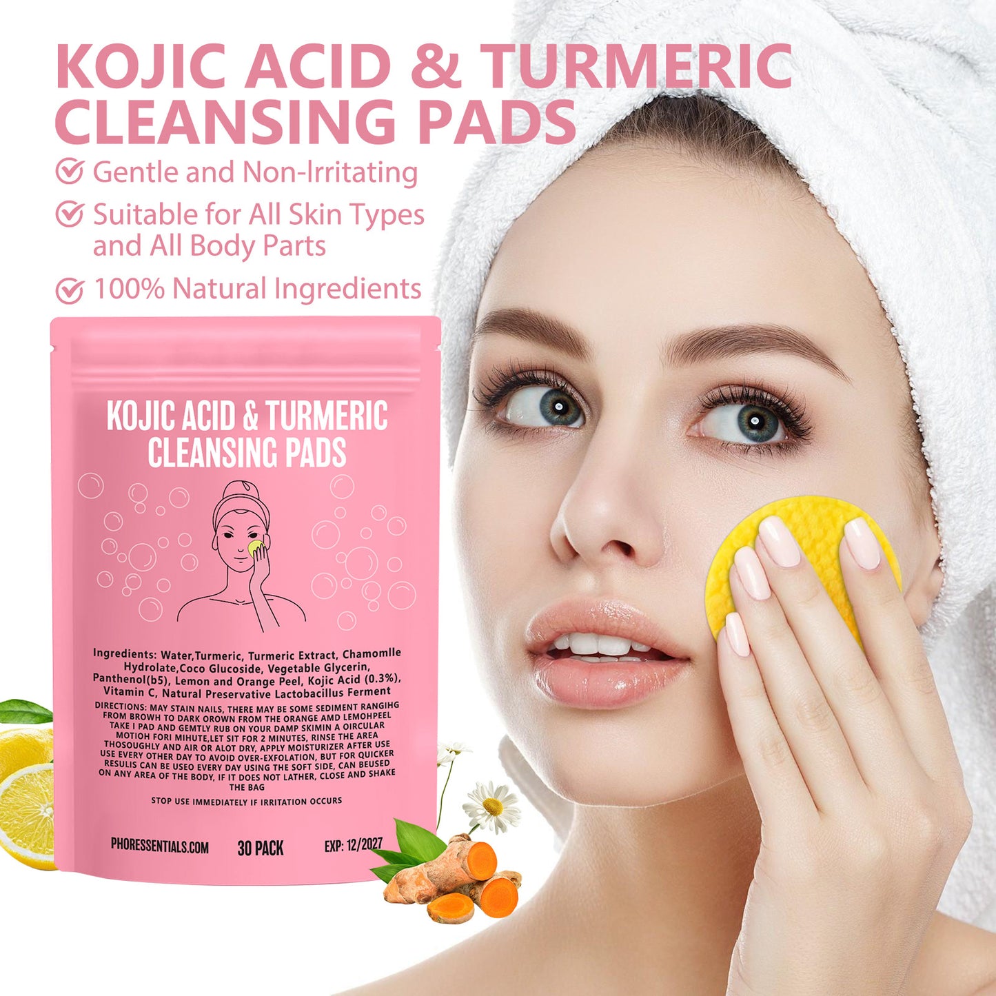 Kojic Acid Gently Cleans Pore Daily Skin Care Moisturizing Not Tight Brightening Face Turmeric Cleansing Pad