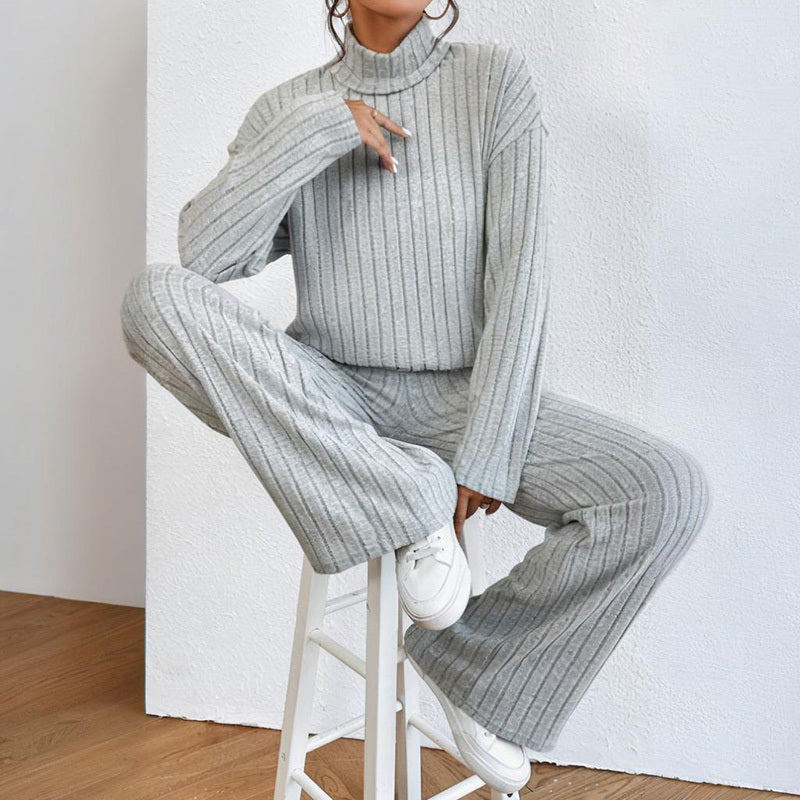 Women's Solid Color 2-Piece Set High Neck Long Sleeve Top & Pants, Striped Loungewear For Fall&Winter